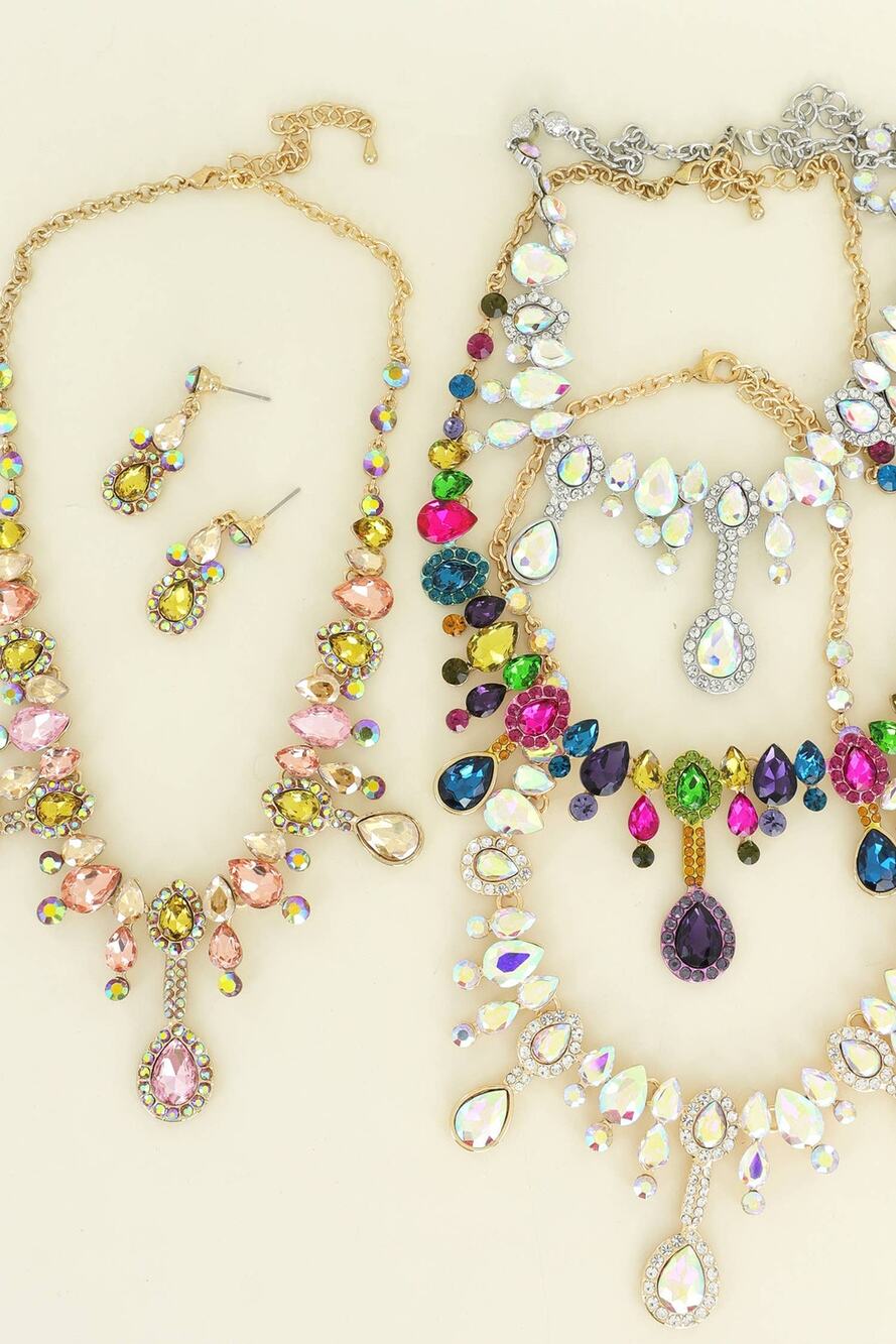 Dopamine Teardrop Crystal Cluster Necklace Earrings Set